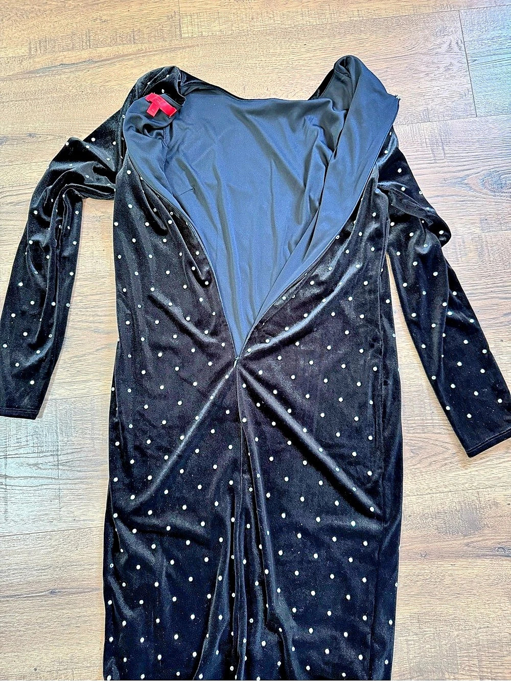 Jennifer Lopez M Black Velvet Rhinestone Sheath Midi Dress Lined Stretch - Picture 10 of 16